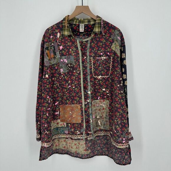 Magnolia Pearl top OS adison workshirt patchwork strawberry floral paint artsy - Picture 3 of 16